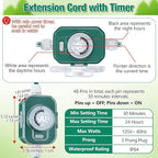 Feekoon 40FT Outdoor Extension Cord with Timer,1 to 3 Way Extension Cord Splitter,16AWG SJTW Heavy Duty 3 Plug Green with Multiple Outlets and Weatherproof Covers for Halloween Christmas