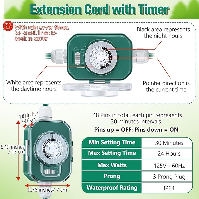 Feekoon 30FT Outdoor Extension Cord with Timer, 1 to 3 Way Extension Cord Splitter, 16AWG SJTW Heavy Duty 3 Plug Green with Multiple Outlets and Weatherproof Covers for Halloween Christmas