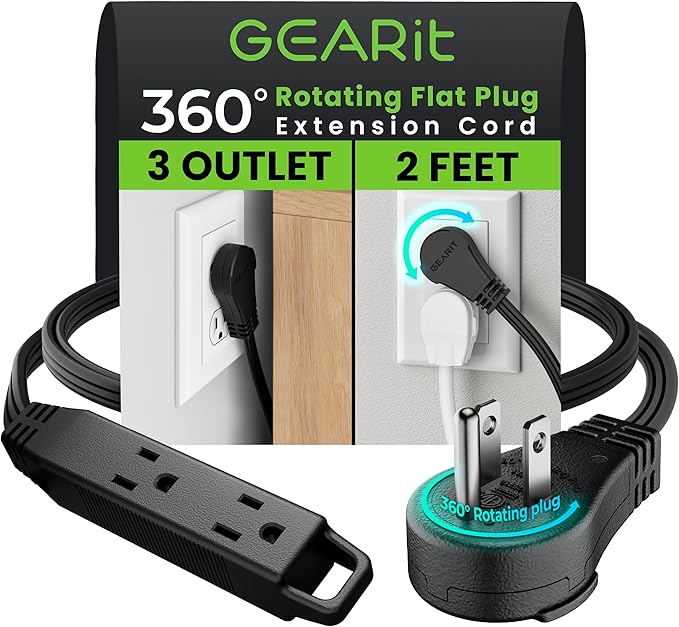 GEARit 360 Rotating Flat Plug Extension Cord (2ft, Black) Multi 3-Outlet Extension 16 AWG Wire, Adapter for Small Spaces, Right Angle Socket, ETL Certified - 2 Feet