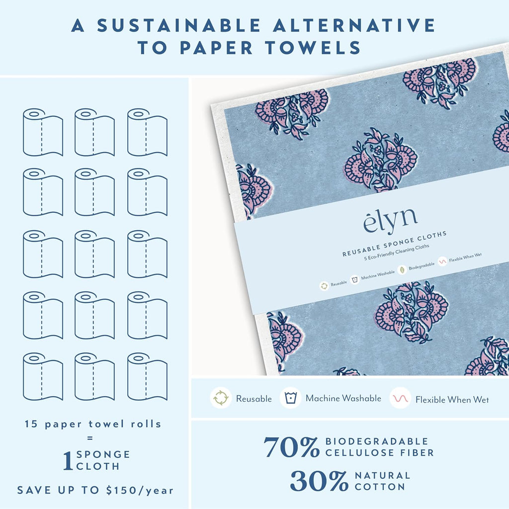 ELYN Swedish Dishcloths, Reusable & Washable Sponge Cloths, Absorbent Cleaning Paper Towels for Kitchen, Dishes, Counters and More, 5 Pack, Assorted Vintage Block Print Patterns