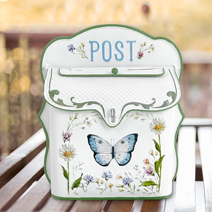 Mailbox Wall Mount Mailboxes for Outside Vintage Mail Boxes for House Outside Metal Drop Box Antique Style Nostalgic Charm Home Decorative, Butterfly Pattern, White