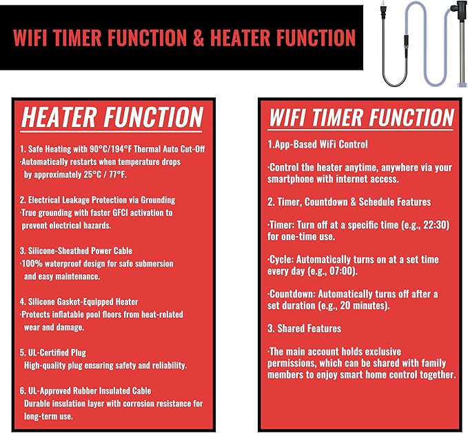 1500W Hot Tub Immersion Water Heater with Wifi Timer & Temp Control – Submersible Electric Heater for Baptismal Pool, Bucket, Spa, Bathtub, Baptistry, Inflatable Pool & Above-Ground Pool