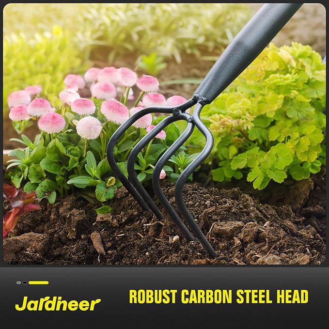 Jardineer 4-Tine Cultivator Rake with Auxiliary Handle, Garden Cultivator Long Handle, Hand Tiller Tool for Gardening Digging Loosening Weeding