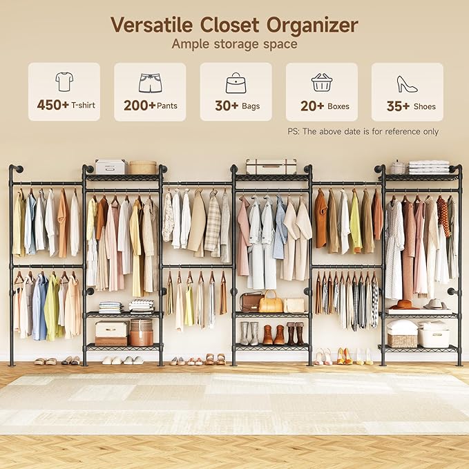 H6 Wall Mounted Closet System, Industrial Pipe Clothes Rack Clothing Racks with 6 Telescopic Rods & 3 Fixing Rods & 9 Shelves, Heavy Duty Closet Organizers and Storage in Wardrobe Closet (Black)