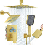 Shower Faucet Set, 10" Ceiling Mount Rainfall Shower System with 2 Rain Shower Head and Multi-function Handheld Head Push Button Diverter Shower Faucet Trim Kit Brushed Gold