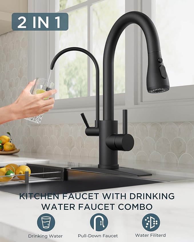 FORIOUS Black Kitchen Faucets with Water Filter, 2 in 1 Stainless Steel Pull Down Sink Faucet and Purfied Water Faucet High Arc Single Handle with Detachable Deck for 1 or 3 Hole