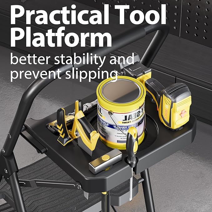 KINGRACK 4 Step Ladder with Tool Platform, Sturdy Step Stool, Anti-Slip Wide Pedals, Handrail, Foldable Step Ladder, Pass 900LBS Testing, Multi-Use for Home, Garage, Garden, Painting, Black