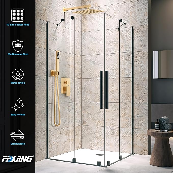 Gold Shower Faucet Set, Rainfall Shower System with Rain Shower Head and Handle Set, Wall Mounted Shower Fixtures, Full Metal Trim Repair Kit 10 inch Paint Gold (With Shower Valve)