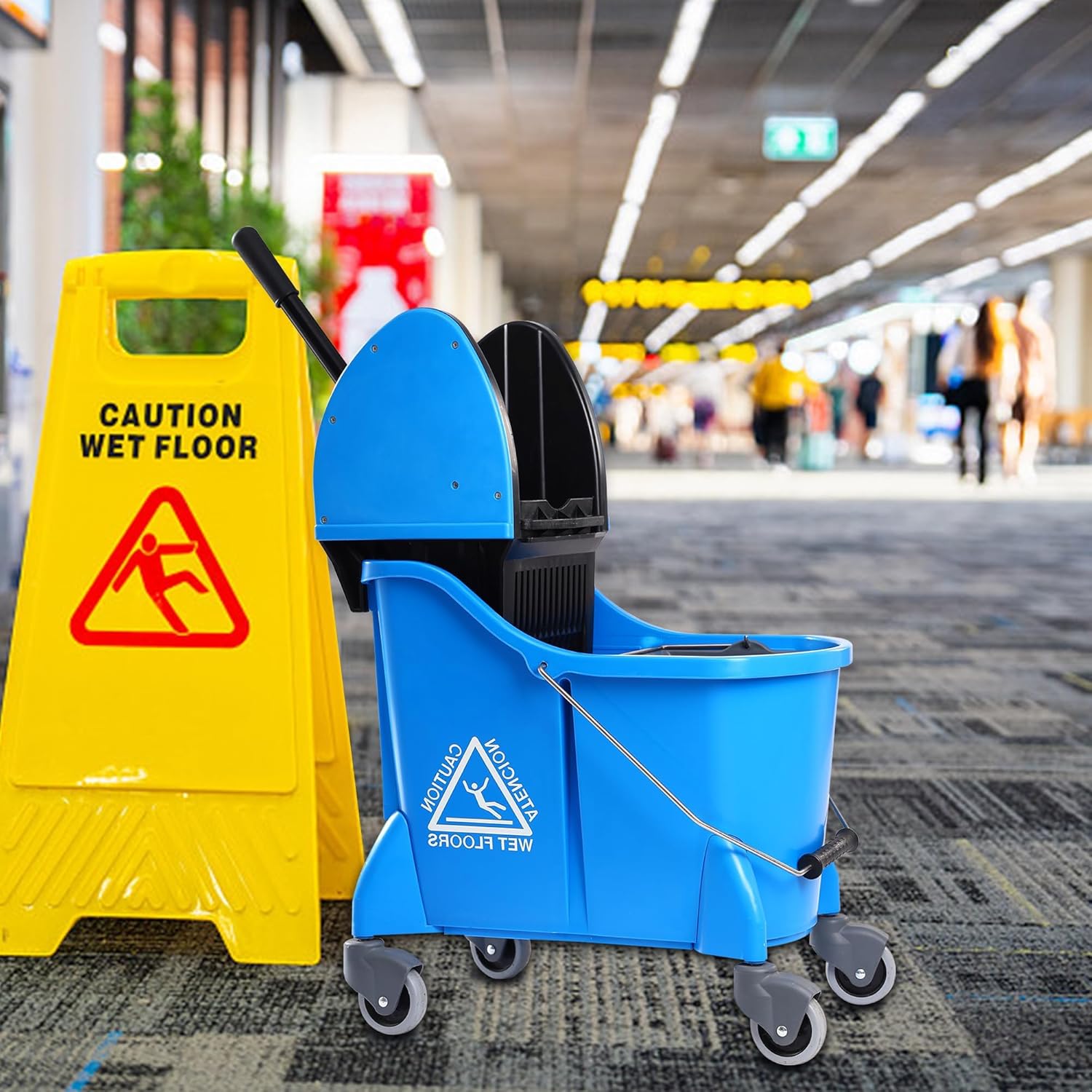 Mop Bucket with Wringer,Mop Bucket Separate Dirty Water for Floor Cleaning,Commercial Mop Buckets on Wheels,Blue