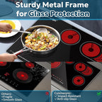 30 Inch Electric Cooktop 4 Burner 7400W Ceramic Stove, Built-in Electric Stove Top with Full Metal Frame Protection, Timer, Safety Lock, Pause, Dual Ring, 220V Hard Wired