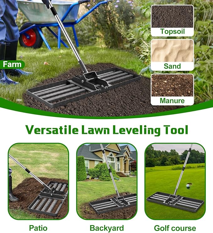 Lawn Leveling Rake, 30x10 Inch Heavy-Duty Levelling Rake with 6.2FT Adjustable Stainless Steel Handle, Lawn Leveler Tool for Yard, Garden, Golf Course, Farm Pasture