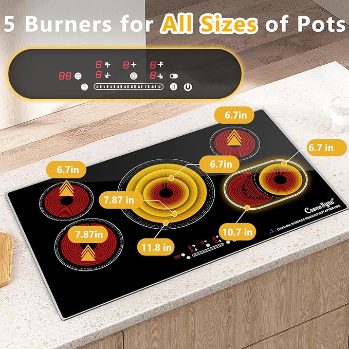 36 Inch Electric Cooktop, 5 Burner Electric Stove Top with 9 Power Levels, Touch Control, Timer, Child Lock and Residual Heat Warning, 9200W, 220-240V for Hard Wire