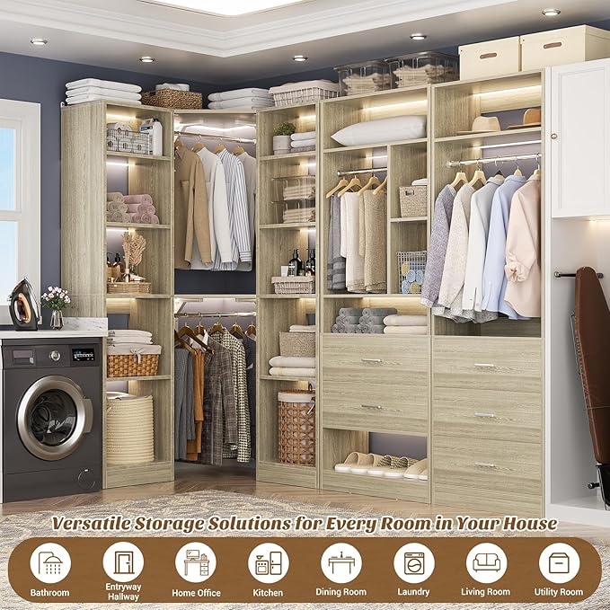 Corner Closet System with 5 Drawers, Closet Organizer System with 15+Shelvess & 4 Hanging Rods, 63.2"L * 63.2"W / 87.2"L * 39.2"W Reversible L Shaped Walk-in Closets, Load 2500+LBS, White Oak