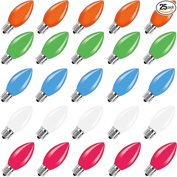 25 Pack C9 Multicolor Christmas Light Bulbs, C9 Multicolor Replacement Bulbs for Outdoor Patio Christmas String Lights, 7W Incandescent Night Light Bulbs, C9/E17 Intermediate Base Bulb,120V 7W bulb