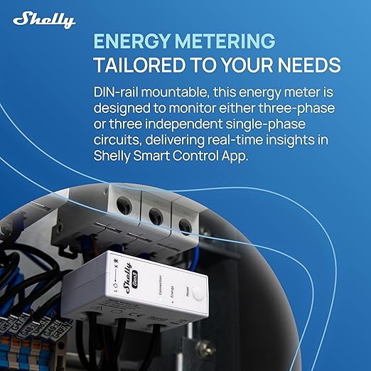Shelly 3EM-63W Gen3 | Wi-Fi Operated Smart 3-Phase Energy Meter | Home Automation | Compatible with Alexa & Google Home | iOS Android App | No Hub Required | Data Logging | Solar Photovoltaic Ready