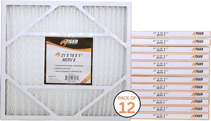 Tiger Tough 21x19x1 MERV 8 MPR 600-800 Air Filter, High-Performance AC Furnace & HVAC Filter, 12-Pack