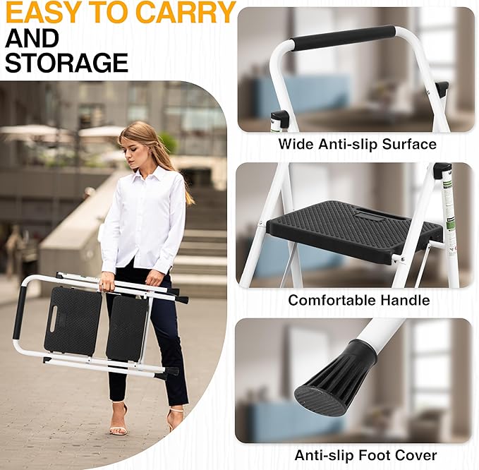 2 Step Ladder, Portable Steel Folding Step Stool with Wide Anti-Slip Pedal & Convenient Handgrip, 500lbs Sturdy Steel Ladder, White