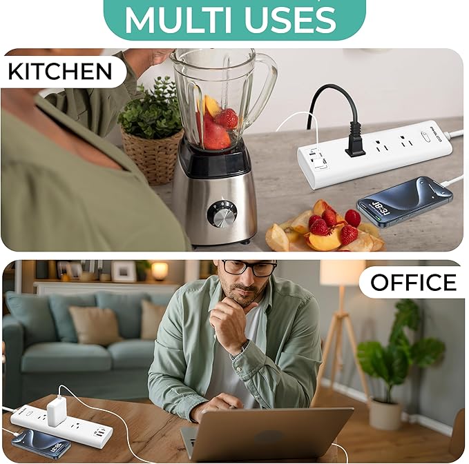 Power Strip with 3 AC Outlets, 30W USB-C Port, 2 USB-A Ports & 6ft Extension Cord – LED Indicator, Fast Charging for Laptops, Phones & More – Compact Design for Home, Office & Travel