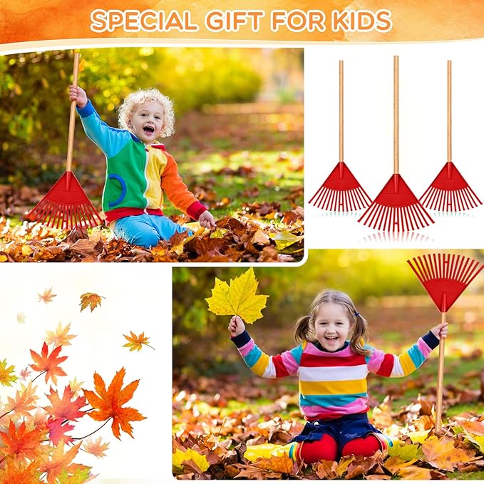 Macarrie Pack of 3 Kids Rakes with Hardwood Handle Lawn Garden Rake for Kids Gifts to Sweep Fall Leaves in Lawn and Tidying up The Garden Made of Wood and Plastic, 34.6 Inch(Red)