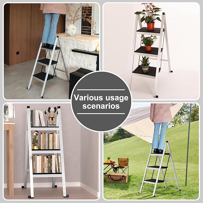 3 Step Ladder,Aluminum Ultra Thin Folding Step Stool,400 Lbs Capacity with Anti-Slip Sturdy and Wide Pedal,Closet Step Ladder for Home,Kitchen and Office,Space Saving (Silvery White, 3-Step)