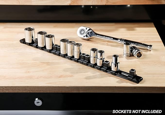 ARES 70086-1/2-Inch Drive Black Aluminum Socket Organizer - Store up to 16 Sockets and Keep Your Tool Box Organized - Sockets Will Not Fall Off this Rail