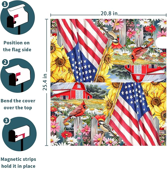 America Flag Patriotic Mailbox Covers - 4th of July Magnetic Standard Size 25.5x21 Inch Summer Floral Bird Waterproof Mailbox Wraps - Post Letter Box Covers - Garden Yard Decor for Outdoor