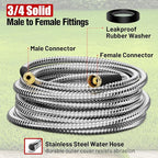 100 ft Garden Hose, Stainless Steel Metal Water Hose 100 Feet with Nozzle, Flexible, Rust Proof, No-Kink, Heavy Duty, Leakproof 3/4 in Fittings, Lightweight Metal Hose, BT100S Model