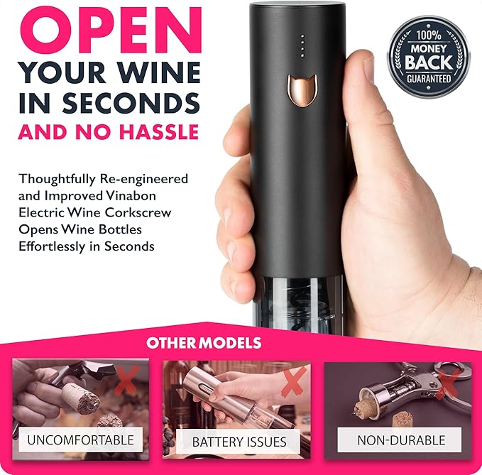 VINABON Electric Wine Opener 2026 - One-Touch Automatic Wine Bottle Opener Corkscrew - Rechargeable (Up to 100 Bottles/Charge) with Foil Cutter Stand, LED Indicator. Includes Wine Guide eBook