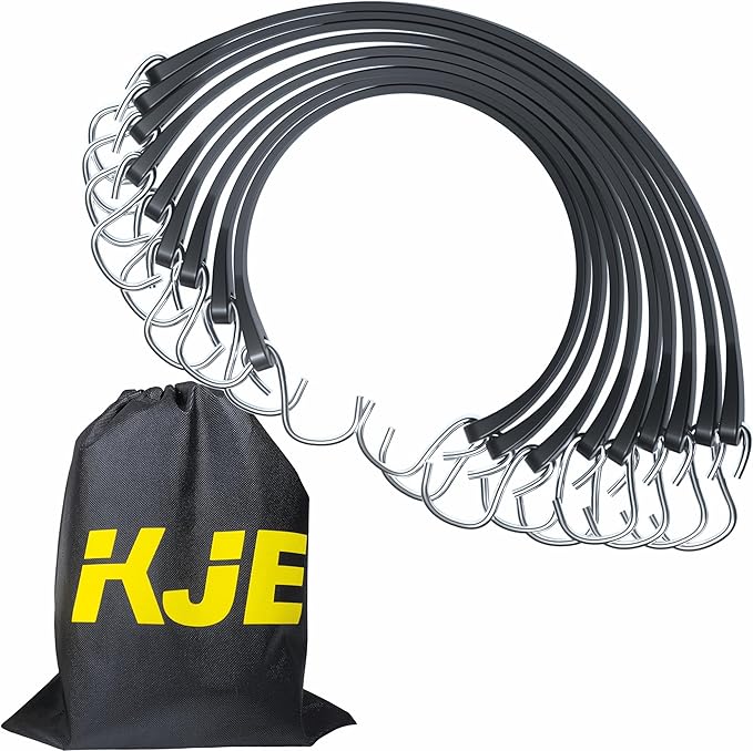 KJE 20Pack 21" Rubber Bungee Cords with S Hooks - Quality EPDM, Heavy Duty Black Bungee Straps, Ideal for Outdoor Tie Downs, Securing Tarps, Canvases, Cargo in Cold Hot Climates