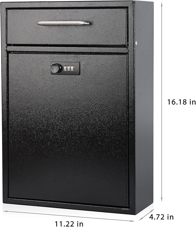 KYODOLED Steel Combination Lock Mail Boxes Outdoor, Locking Wall Mount Mailbox,Security Lock Drop Box, Collection Boxes,16.2H x 11.22L x 4.72W Inches, Black X Large