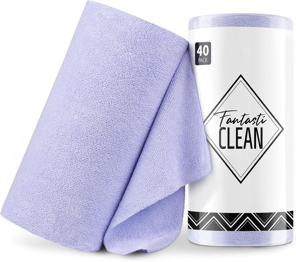 Fantasticlean Microfiber Cleaning Cloth Roll -40 Pack, Tear Away Microfiber Towels, 12" x 12", Reusable, Washable, Scratch Free, Ultra Absorbent for Car, Home Supplies, Pet, Kitchen (Lavender)