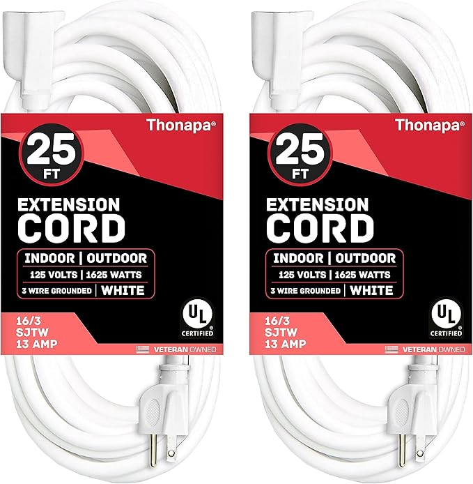 2 Pack White Extension Cord 25 ft, 16/3 SJTW Weatherproof Indoor & Outdoor Extension Cord 3 Prong Grounded Plug, Heavy Duty Power Cable Great for Home, Office, Outdoor Lights, US Veteran Owned