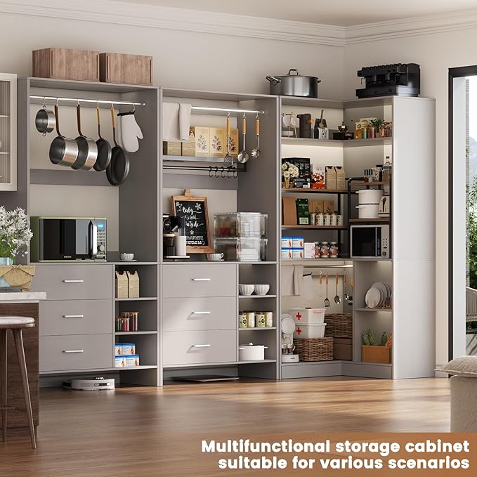 Aheaplus Closet System with 6 Drawers, 4 Hanging Rods & Corner Tower, Corner Closet System with Hanging,92.6" L-Shaped Walk-In Wardrobe Organizer, 2000+ lbs Capacity, Set of 3, Grey