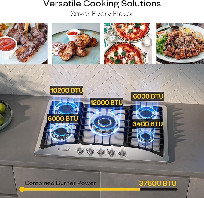 Empava 30 Gas Stainless Steel 5 Italy Sabaf Sealed Burners with NG/LPG Conversion Stove Top Cooktops Designed for Kitchen and RV Use, 30 Inch