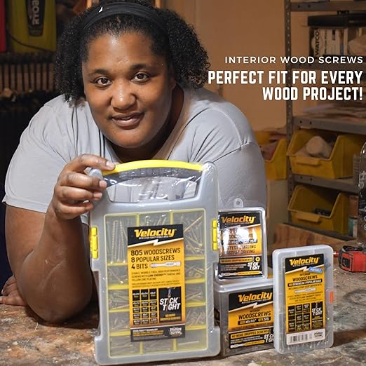 Velocity Interior 1 Inch Wood Screws Contractor Pack (Size #8, 840 Pcs) – Self Tapping Screws with Phillips Bits, Stick Tight Technology, Carbon Steel with Zinc Plating, Durable Storage Organizer