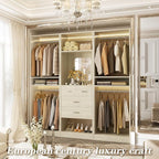 Unikito 75” Closet System with 4 Drawers, 6.3FT Wood Walk in Closet Organizer with Hanging Rods and Mirror, Reversible Large Closet Wardrobe with Shelves, Max Load 2000 LBS, White Oak