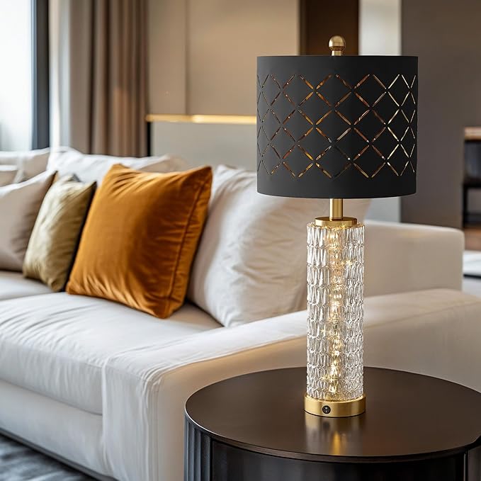 Oneach 27.75" Modern Table Lamps Set of 2, Gold Bedside Lamp with Crystal Nightlight, USB A+C, Black Grid Shade, Unique Desk Lamps for Living Room, Bedroom, Nightstand, End Table (2 Bulbs Included)