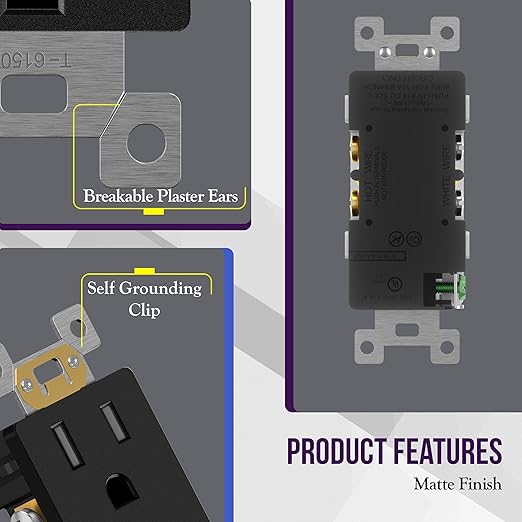 ENERLITES 40 Pack Matte Black Decorator Receptacle with Screwless Wall Plate, Standard Electrical Wall Outlet, 15A 125V, Self-Grounding, 2-Pole, 3-Wire, UL Listed, 61502-TR-MBKSID, Tamper Resistant