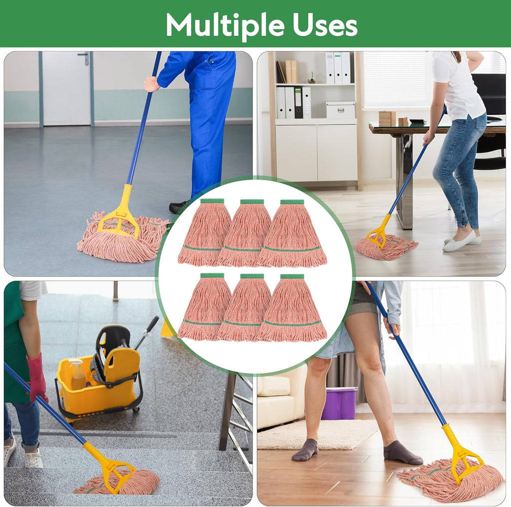 Matthew Cleaning Heavy Duty Mop Head Commercial Replacement for General and Floor Cleaning , Wet Industrial Blue Cotton Looped End String Head Refill (Pack of 6) Orange