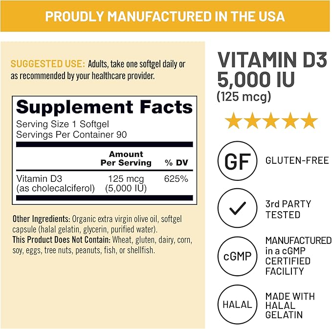 NatureWise Vitamin D3 5000iu (125 mcg) 90-Day Supply for Immune Support, Healthy Muscle Function, and Bone Health - Non-GMO, Gluten-Free in Organic Extra Virgin Olive Oil, (Mini Softgel), 90 Count