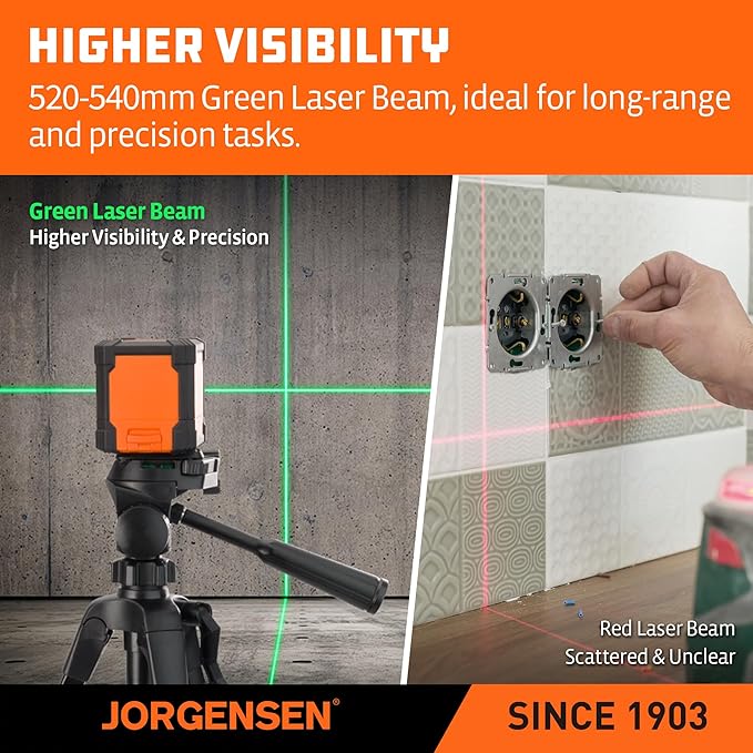 JORGENSEN Laser Level with Tripod, 65 FT Self Leveling Cross Line Laser Leveler Tool with 360° Magnetic Base, Green Laser Level for Picture Hanging, Home Renovation, Indoor Project