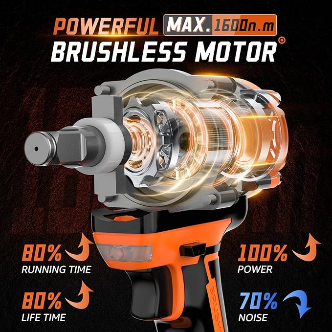 1600Nm(1200Ft-lbs) High Torque Cordless Impact Wrenches 1/2" Brushless Impact Gun Wrench with 2 x 4.0Ah 21V Batteries, 6 Sockets, Extension Bar, Variable Speeds for Home/Car/Truck/RV/Mower