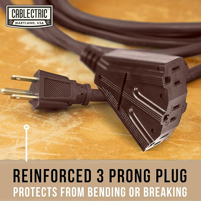 25 Ft Brown Extension Cord with 3 Electrical Power Outlet - 16/3 SJTW Heavy Duty Cable with 3 Prong Plug for Safety, 13 AMP for Heavy Appliances, Garden, Lawn, Lightning Decoration