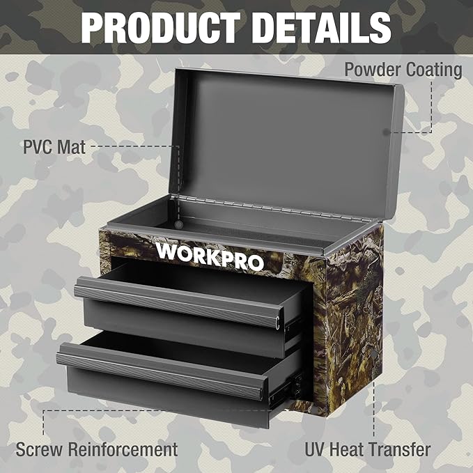 WORKPRO Metal Mini Tool Box, Top Tool Chest containing Two Drawers with Ball Bearing Slides, PVC Drawer Liners and PP Feet Pads, Durable Cold Rolled Steel Small Toolbox for Multi-Purpose Storage