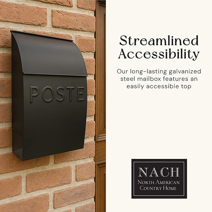 NACH French Mailboxes for Outside Wall Mount, 15 x 9.5 x 4 inches, Black Wall Mounted Mailbox and Newspaper Holder, Waterproof Mailbox for Door - The Milano Mailbox