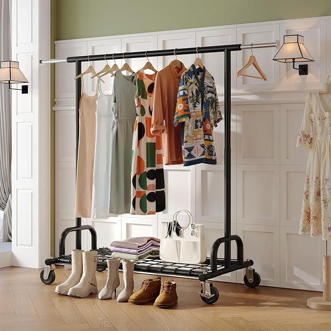 Raybee Heavy Duty Clothes Rack, Clothing Racks for Hanging Heavy Clothes 200+, Rolling Clothing Rack Load 485 LBS, Extendable & Adjustable Portable Commercial Garment Rack with Wheels, Black