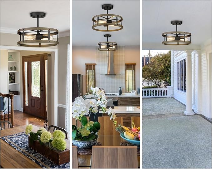 EAPUDUN Farmhouse Ceiling Light, 13'' Imitation Wooden Semi Flush Mount Light Fixture, Retro 2-Light Lamp for Hallway Entryway Bedroom Kitchen Dining Room SMA1139-FBDT