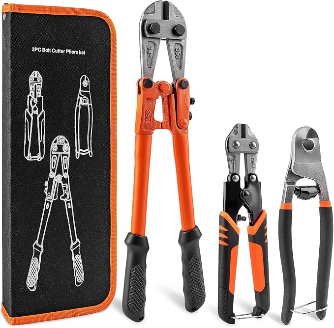 3 Piece Bolt Cutter Pliers Set, 14" Heavy Duty Bolt Cutter, 8" Mini Cutter & 8" Wire Rope Cutter with Storage Bag, CR-V Steel Blades for Chains, Locks, Barbed Wire
