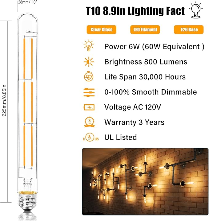 8.9IN LED Light Bulbs E26 Base, 6W 800LM 2700K Soft White T10 T9 Vintage Edison Bulbs Dimmable, AC 120V Equal 80 Watt Clear Glass Long Tubular Filament Bulb, UL Listed - 4Pack