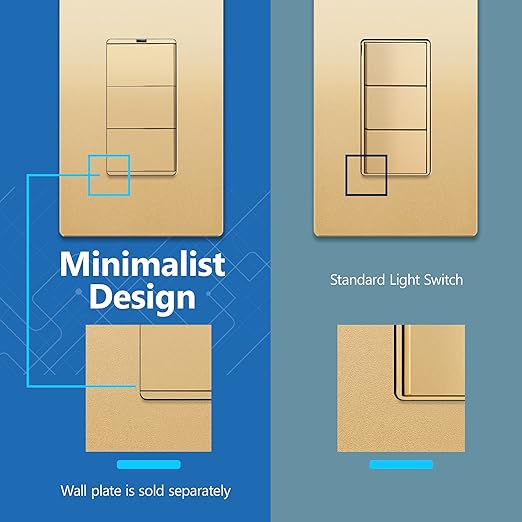 LIDER Matte Finish Lighted Triple Switch with Screwless Wall Plate, Combination Frameless Decorator Switch with Locator Light, Ground Terminal Single Pole, 15A 120V, UL Listed, Gold, 2 Pack